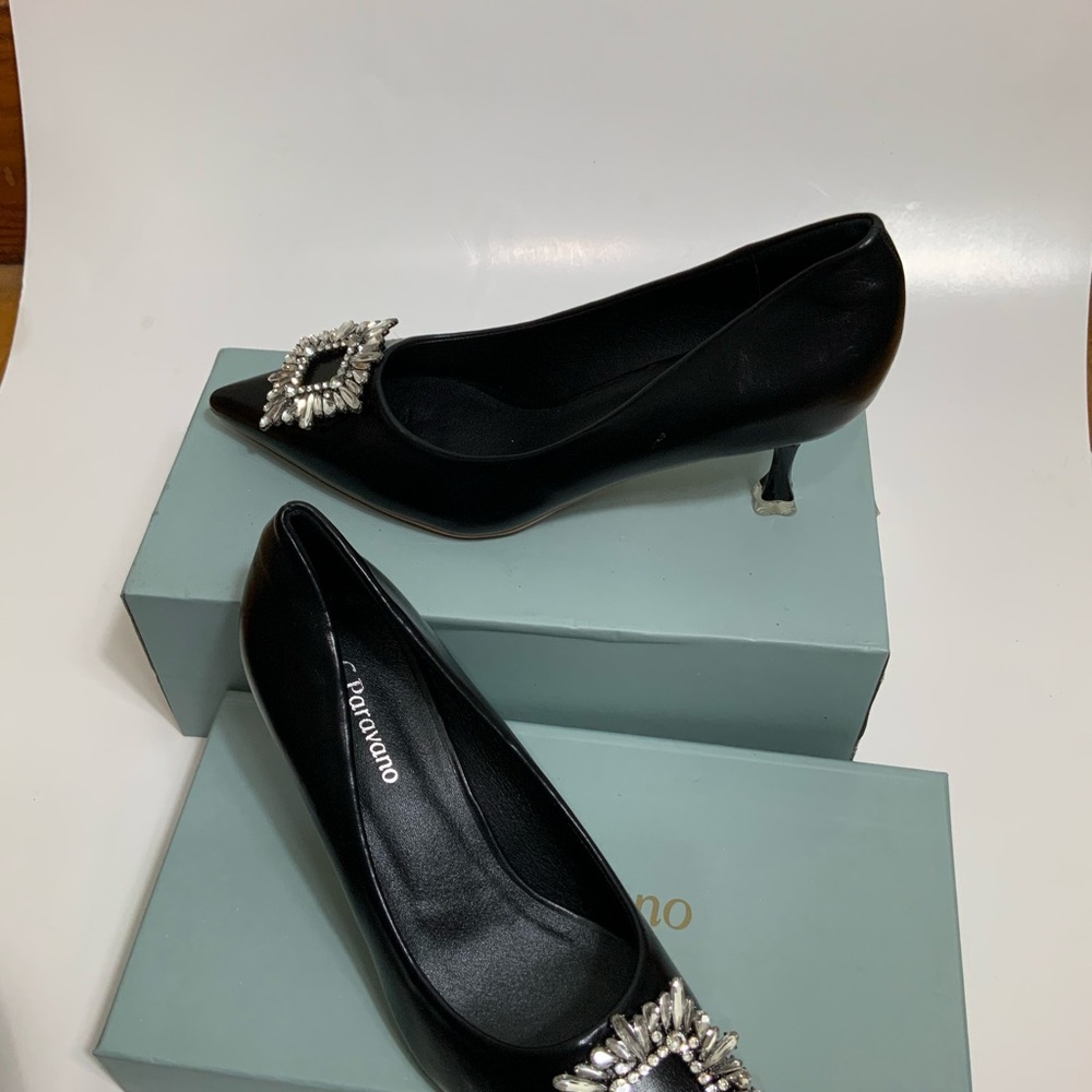 C.PARAVANO Black Crystal Buckle Pumps Size 6.5 US / 37 EU Kitten Heels Elegant - Picture 10 of 10